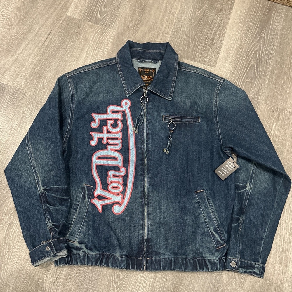 Von Dutch Dark Blue Denim Bomber Jacket with Pink/White Logo